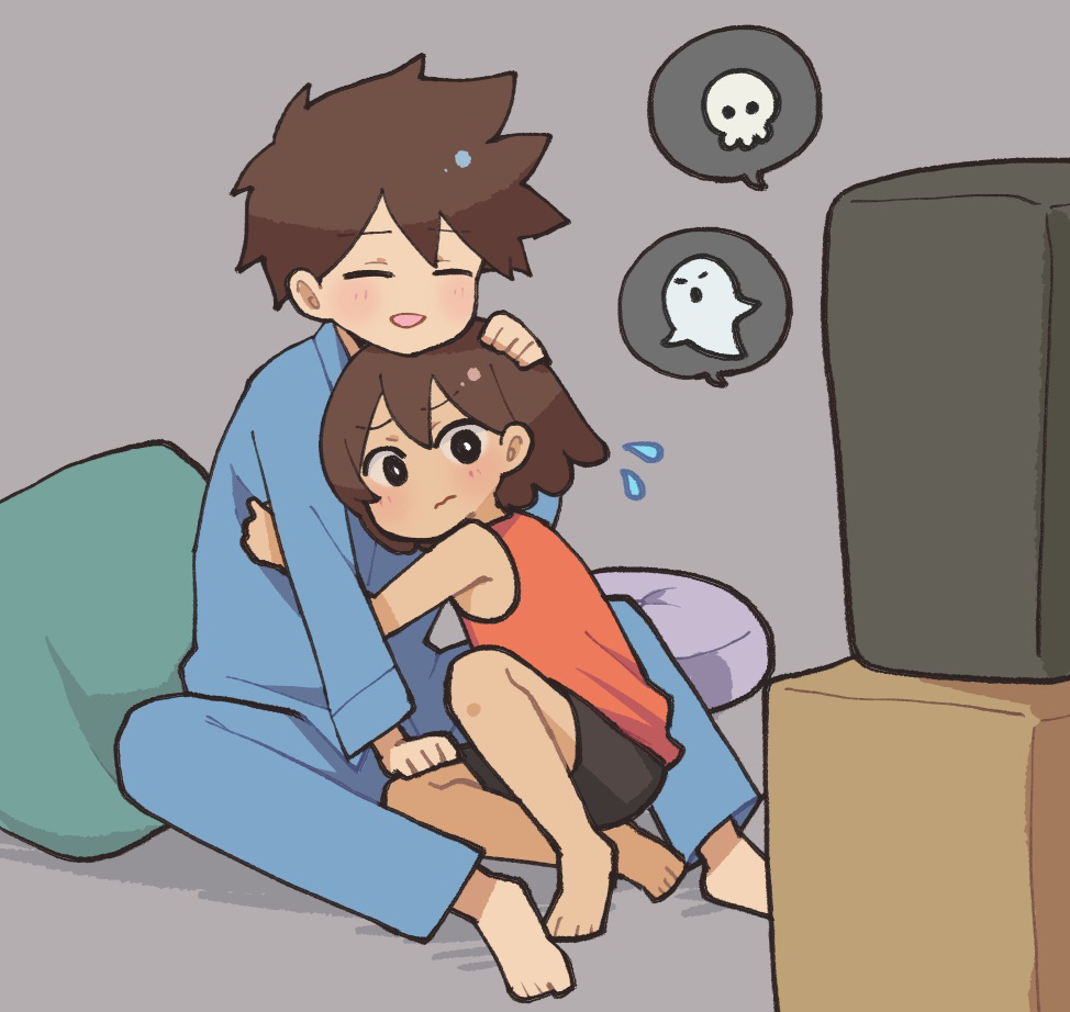 2boys, barefoot, black_eyes, black_shorts, blue_pants, bright_pupils, brown_hair, closed_eyes