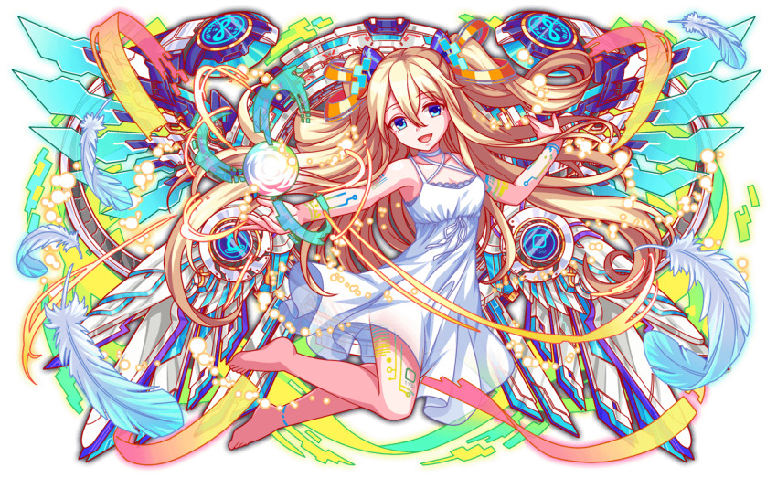 1girl, alternate_costume, alternate_hair_ornament, alternate_tattoo, ankle_tattoo, aqua_feathers, arm_tattoo, bare_arms