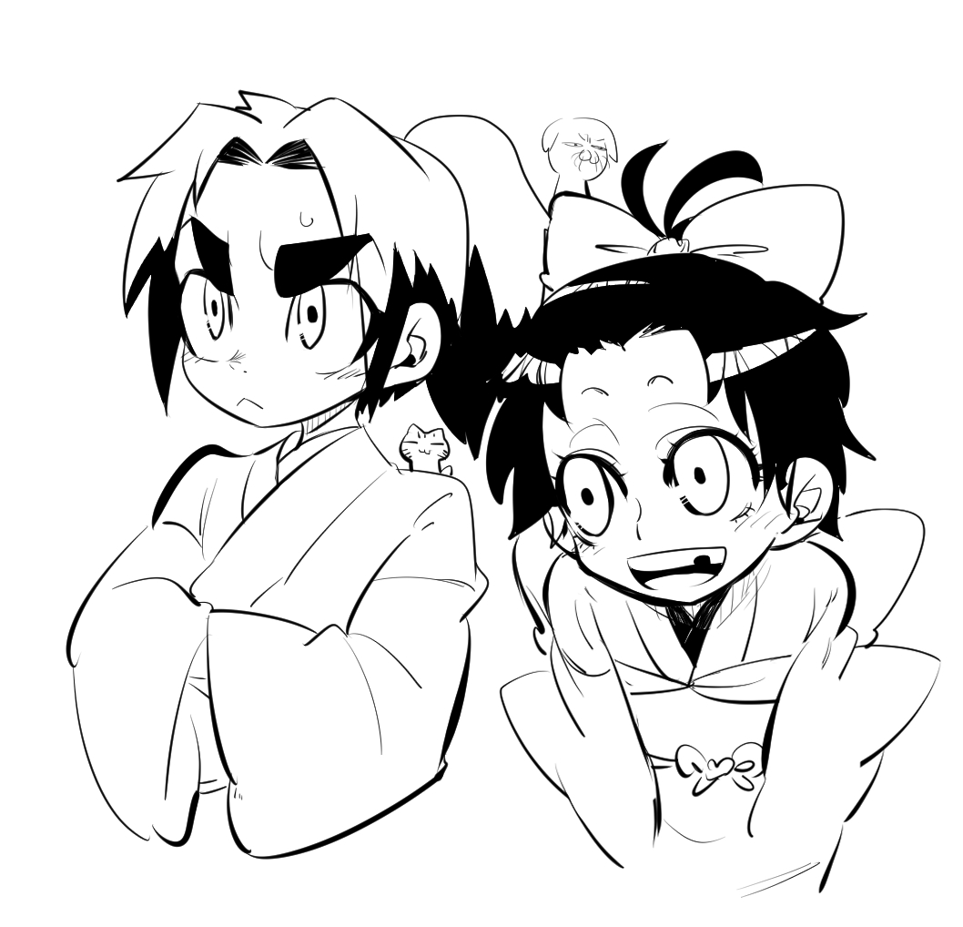 1boy, 1girl, :<, bow, cat, chipped_tooth, crossed_arms, dog