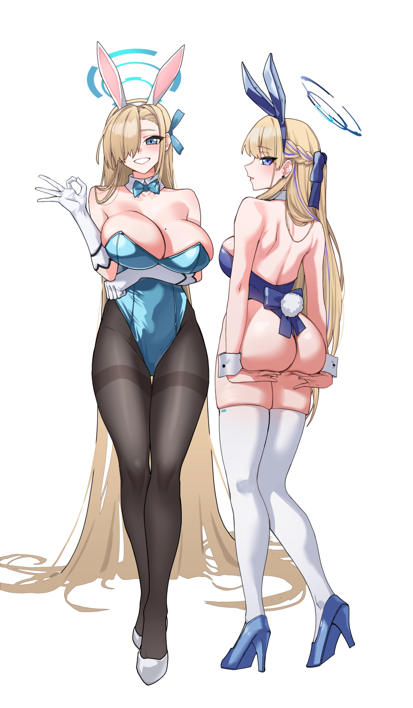 2girls, absurdres, ass, ass_support, asuna_(blue_archive), asuna_(bunny)_(blue_archive), back, bare_shoulders, black_pantyhose, blonde_hair, blue_archive, blue_eyes, blue_footwear, blue_hair, blue_ribbon, blush, bow, bowtie, breasts, cleavage, commentary_request, detached_collar, gloves, grin, hair_over_one_eye, hair_ribbon, halo, high_heels, highres, korean_commentary, large_breasts, long_hair, looking_at_viewer, mole, mole_on_breast, multicolored_hair, multiple_girls, pantyhose, rabbit_tail, ribbon, rodeong_r, simple_background, smile, streaked_hair, tail, thighband_pantyhose, thighhighs, toki_(blue_archive), toki_(bunny)_(blue_archive), two-tone_hair, very_long_hair, white_background, white_footwear, white_gloves, white_thighhighs