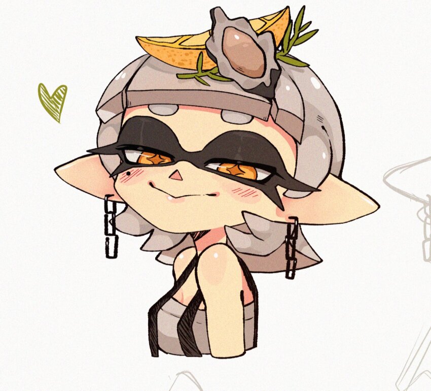 1girl, blush, ear_piercing, food, fruit, half-closed_eyes, heart, inkling