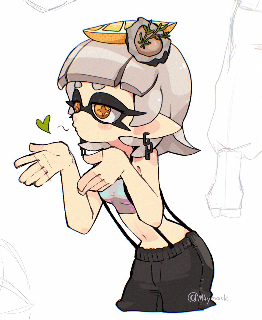 1girl, blowing_kiss, blush, cowboy_shot, ear_piercing, food, fruit, half-closed_eyes