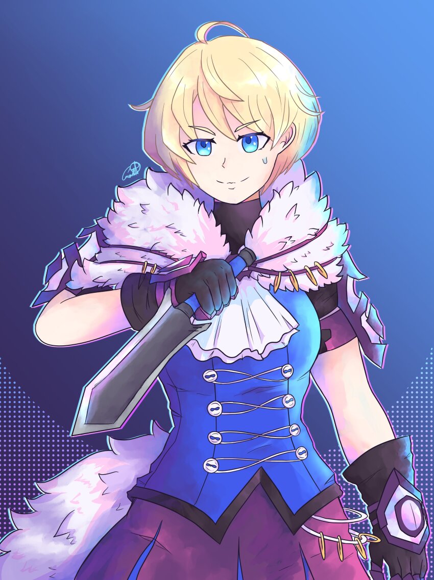 1girl, absurdres, ahoge, ascot, blonde_hair, blue_eyes, blue_shirt, fake_tail