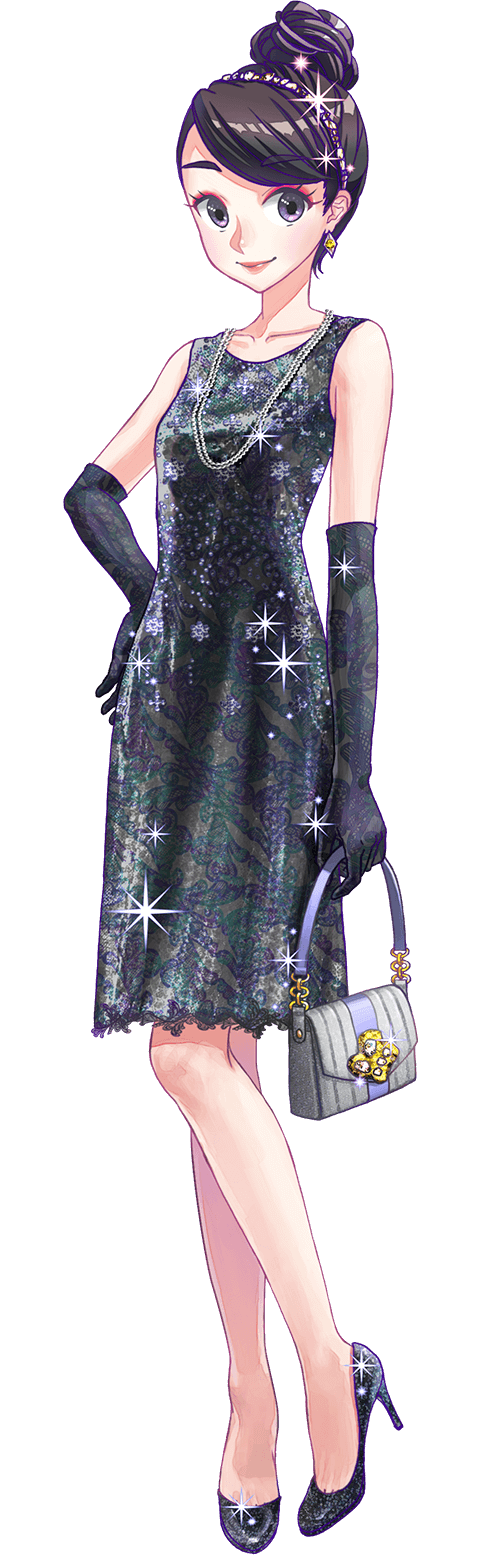 2ne1, bag, black_dress, black_eyes, black_footwear, black_gloves, black_hair, breasts