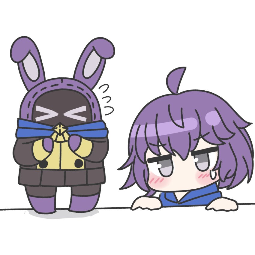 >_<, 1girl, ahoge, bangboo_(zenless_zone_zero), bernadetta_von_varley, blush, fire_emblem, fire_emblem:_three_houses