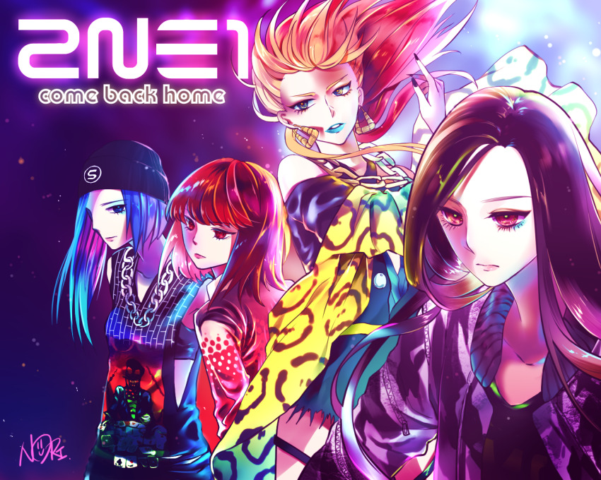 2ne1, 4girls, artist_name, asymmetrical_hair, beanie, black_bra, black_dress, black_hat