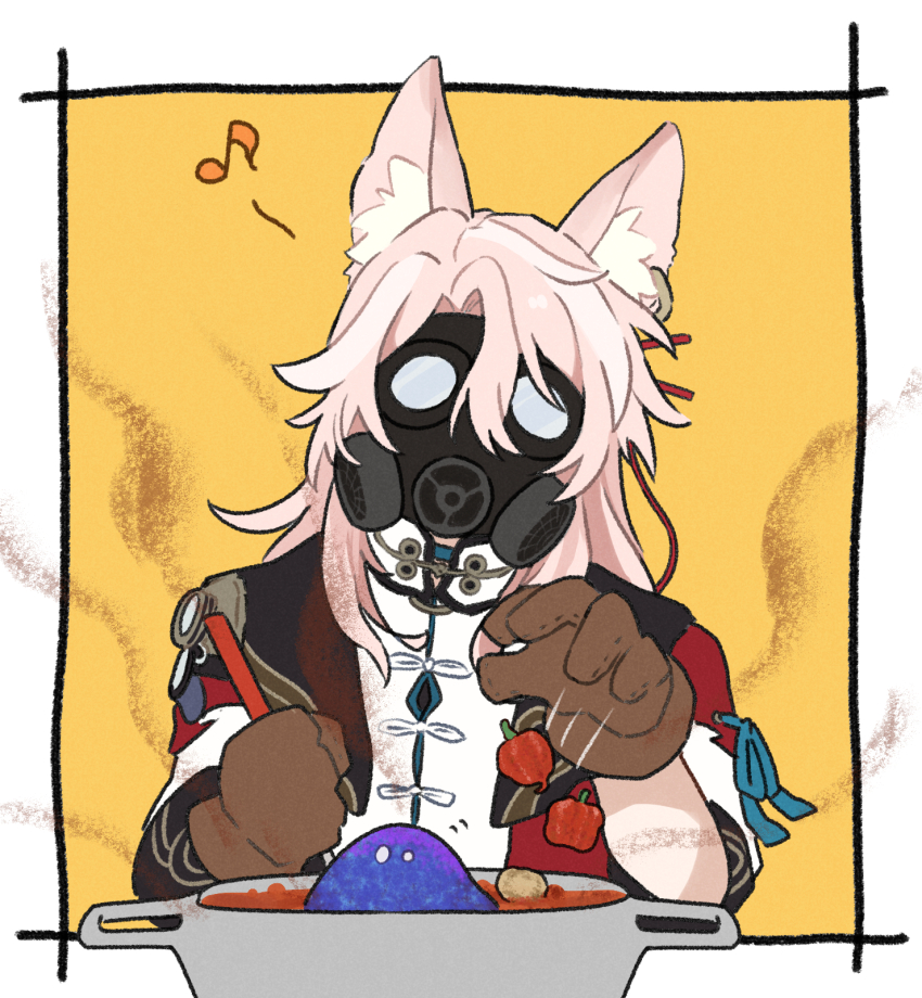 1boy, 1other, animal_ears, bad_food, border, brown_gloves, chili_pepper, chinese_clothes