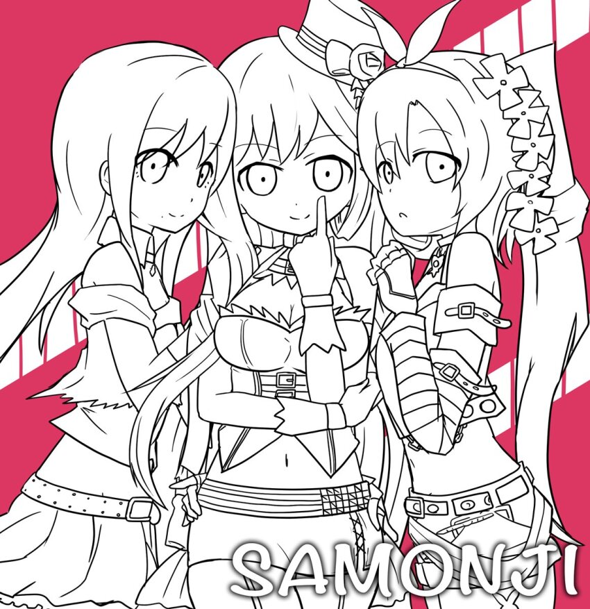 3girls, bare_shoulders, belt, bow_hairband, commentary, cropped_jacket, cropped_shirt, detached_collar