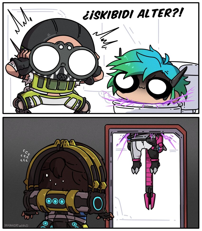1boy, 2girls, :3, alter_(apex_legends), apex_legends, black_footwear, black_gloves, black_sclera