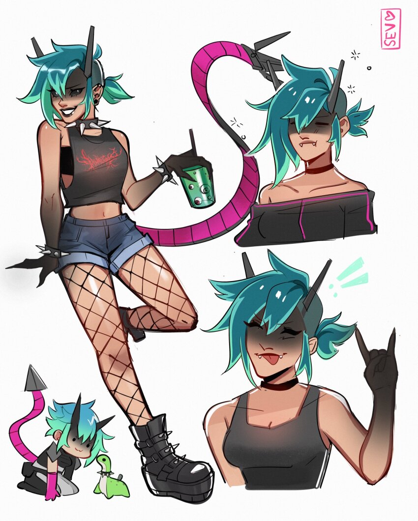 1girl, \n/, ^_^, alter_(apex_legends), alternate_costume, apex_legends, aqua_hair, artist_name, band_shirt, bandeau, black_bandeau, black_collar, black_eyes, black_footwear, black_lips, black_pantyhose, black_sclera, black_sweater, blue_shorts, boots, chibi, chibi_inset, choker, closed_eyes, collar, colored_sclera, commentary, cup, denim, denim_shorts, english_commentary, fangs, fishnet_pantyhose, fishnets, frown, hair_behind_ear, heart, highres, holding, holding_cup, mechanical_tail, merchandise, midriff_peek, multiple_views, navel, off-shoulder_sweater, off_shoulder, pantyhose, ponytail, pout, sevpha, shorts, spiked_choker, spikes, stuffed_toy, sweater, tail, tongue, tongue_out, v-shaped_eyebrows, white_background, yellow_eyes