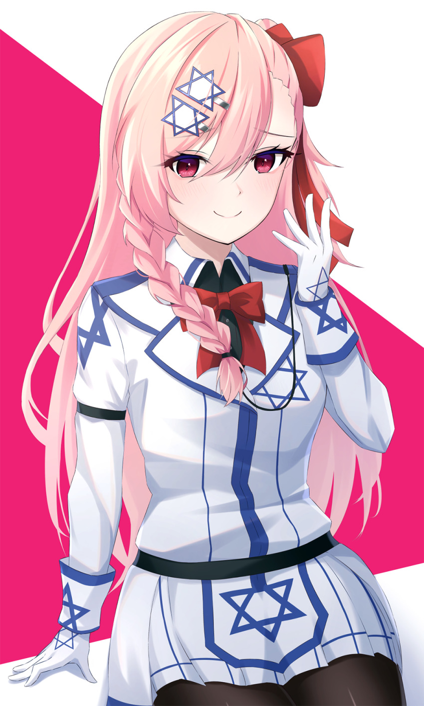 1girl, black_pantyhose, bow, braid, collared_jacket, girls'_frontline, gloves, hair_bow