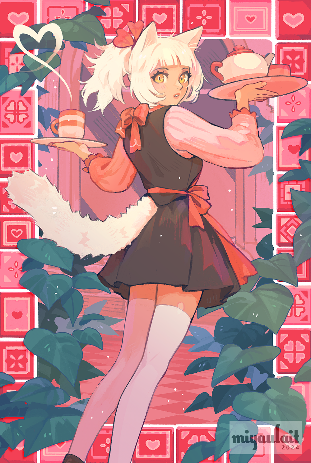 1girl, 2024, animal_ears, apron, artist_name, back_bow, black_dress, blunt_bangs