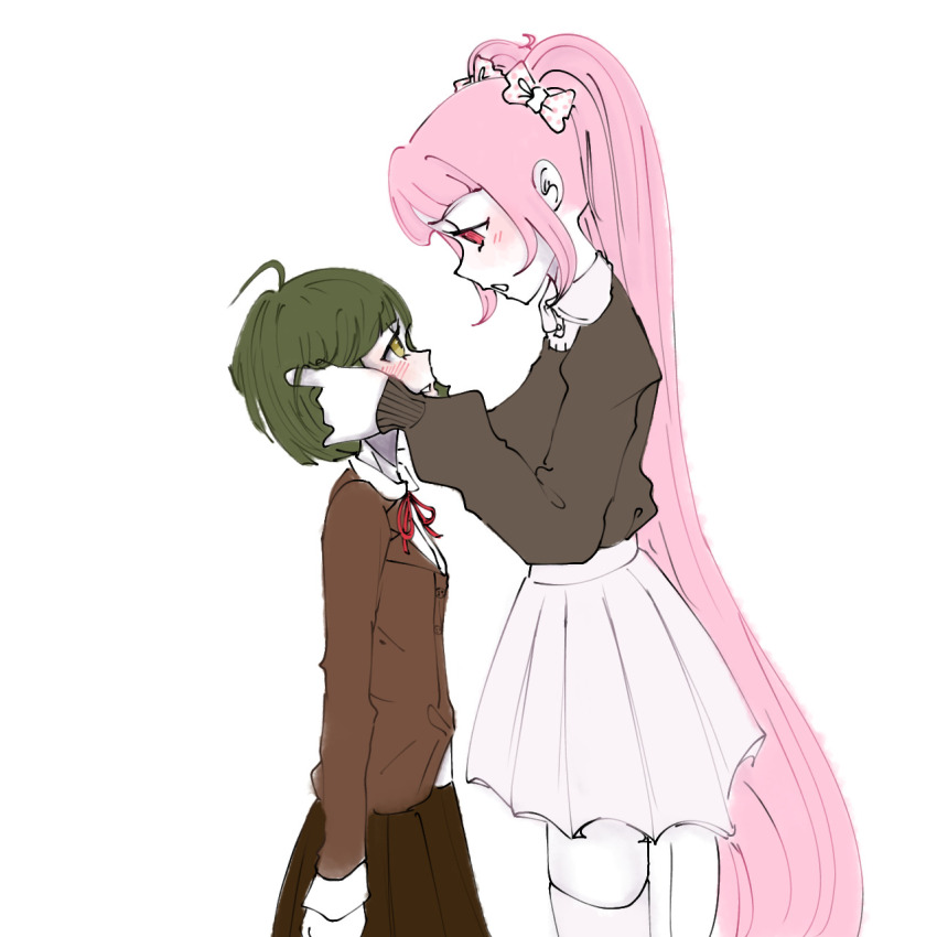 2girls, absurdly_long_hair, age_difference, aged_down, aged_up, blush, brown_skirt, danganronpa_(series)