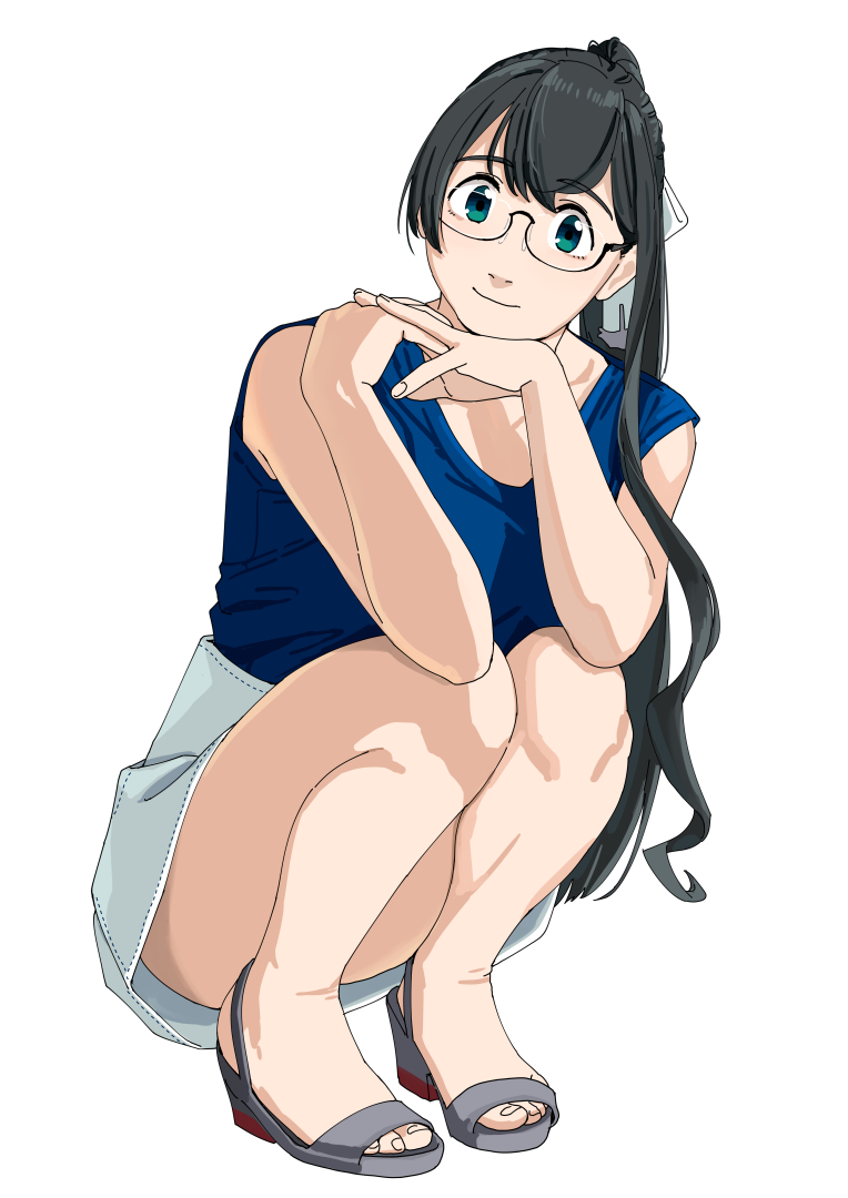 1girl, alternate_costume, black_hair, blue_shirt, closed_mouth, full_body, glasses, hair_ribbon