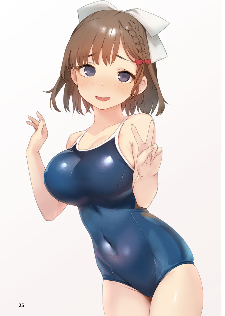1girl, asahi_(kancolle), blue_one-piece_swimsuit, blush, breasts, brown_hair, collarbone, competition_school_swimsuit, covered_navel, cowboy_shot, grey_eyes, hair_ribbon, kantai_collection, large_breasts, looking_at_viewer, mole, mole_under_mouth, one-piece_swimsuit, open_mouth, ribbon, sakiecho, school_swimsuit, short_hair, simple_background, solo, swimsuit, v, white_background, white_ribbon