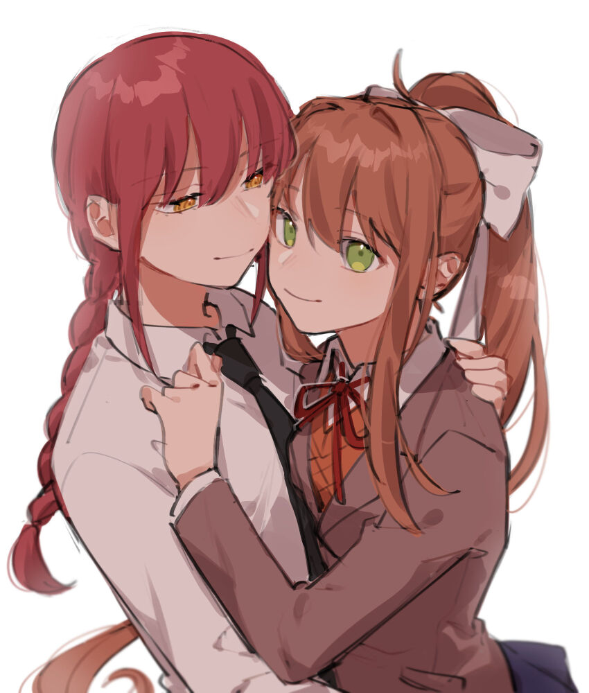 2girls, ahoge, black_necktie, blazer, blue_skirt, blush, bow, braid, braided_ponytail, breasts, brown_hair, brown_jacket, chainsaw_man, closed_mouth, collared_shirt, crossover, doki_doki_literature_club, green_eyes, hair_bow, hair_ribbon, highres, hug, jacket, katochuu, long_hair, long_sleeves, looking_at_viewer, makima_(chainsaw_man), monika_(doki_doki_literature_club), multiple_girls, neck_ribbon, necktie, orange_vest, ponytail, red_hair, red_ribbon, ribbon, ringed_eyes, school_uniform, shirt, sidelocks, simple_background, skirt, smile, very_long_hair, vest, white_background, white_bow, white_ribbon, white_shirt, yellow_eyes