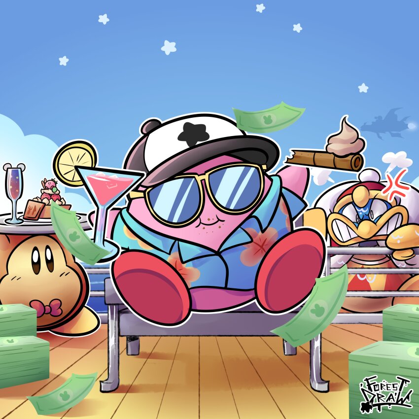 absurdres, anger_vein, angry, baseball_cap, collared_shirt, eating, floral_print, food