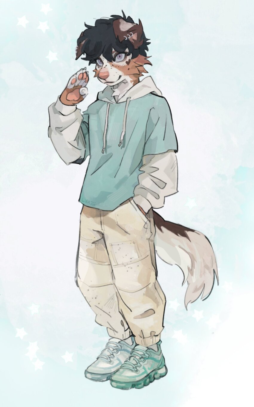 1boy, artist_name, baggy_pants, black_hair, blue_background, brown_fur, closed_mouth, drawstring