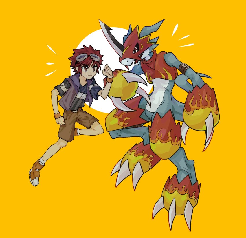 2boys, absurdres, armor, artist_collaboration, bakamaokun, blue_skin, blue_vest, brown_eyes