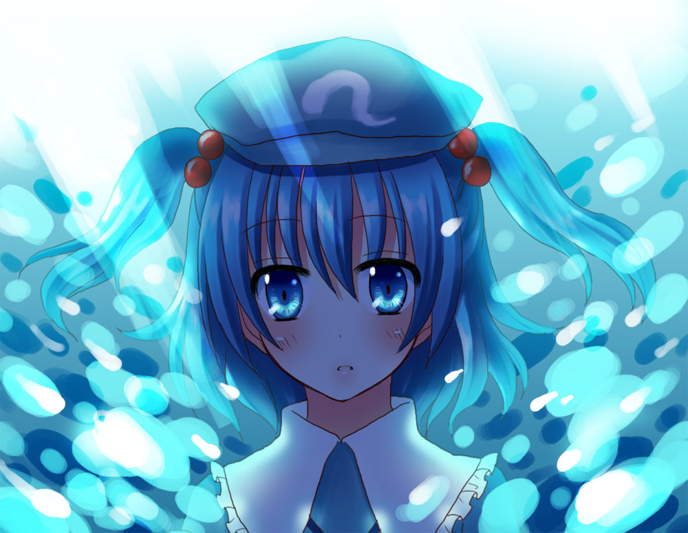 1girl, bad_id, bad_pixiv_id, blue_eyes, blue_hair, blue_theme, blush, female_focus