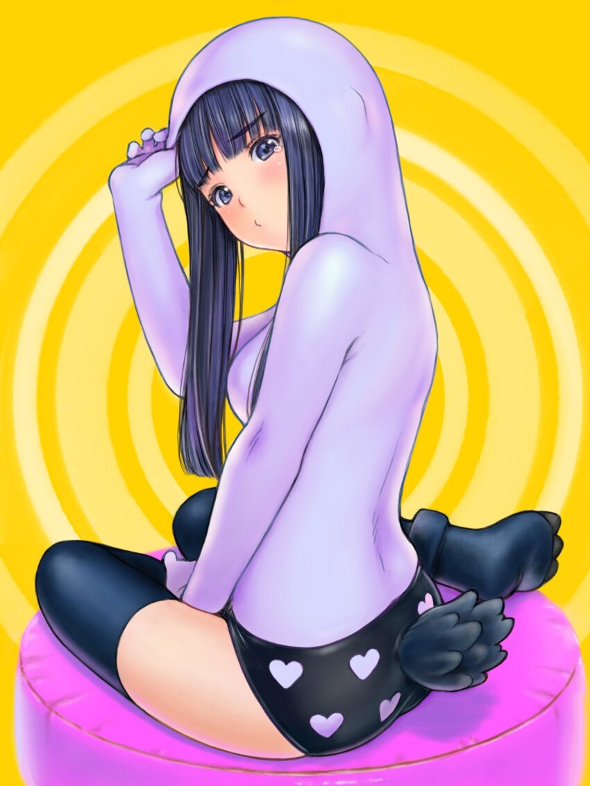 1girl, arm_up, ass, between_legs, black_hair, black_thighhighs, blunt_bangs, breasts