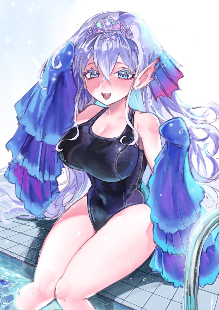 1girl, alternate_costume, bare_shoulders, black_one-piece_swimsuit, blue_eyes, blush, breasts, detached_sleeves, duel_monster, fins, head_fins, highres, kitkallos_(yu-gi-oh!), large_breasts, legs, long_hair, long_sleeves, looking_at_viewer, one-piece_swimsuit, pointy_ears, pool, sagara_iyori, sleeves_past_wrists, smile, solo, swimsuit, tearlaments_kitkallos, thighs, tiara, yu-gi-oh!