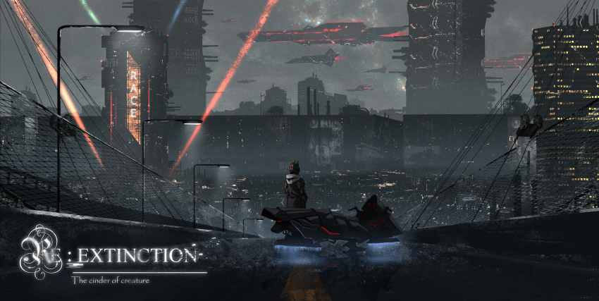 1other, absurdres, ambiguous_gender, battleship, black_jacket, black_theme, building, chain-link_fence, cityscape, cloud, cloudy_sky, copyright_name, dystopia, english_text, fence, floating, grey_sky, hands_in_pockets, helmet, highres, hover_bike, jacket, lamppost, mask, military_vehicle, neon_lights, original, outdoors, prezonya46, railing, re:extinction, reflection, road, scenery, science_fiction, ship, sign, sky, solo, warship, watercraft