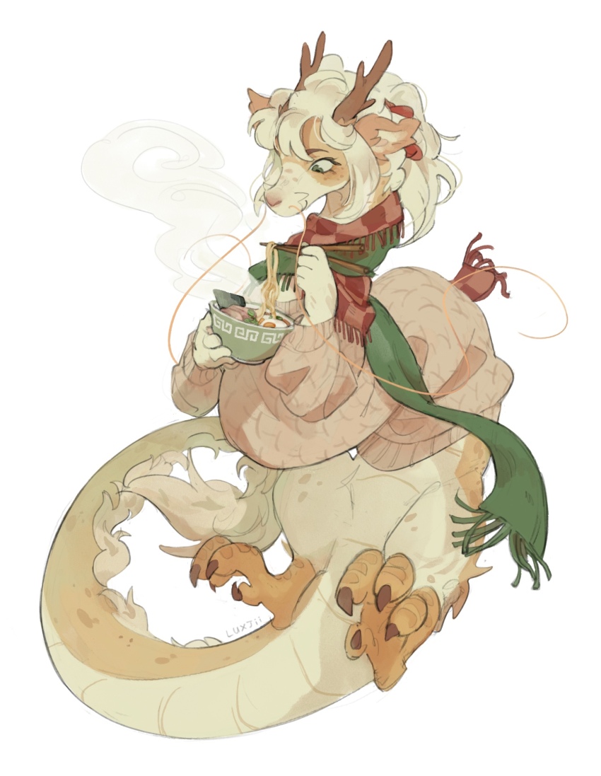 1girl, animal_ears, artist_name, body_freckles, borrowed_character, bowl, brown_horns, checkered_clothes