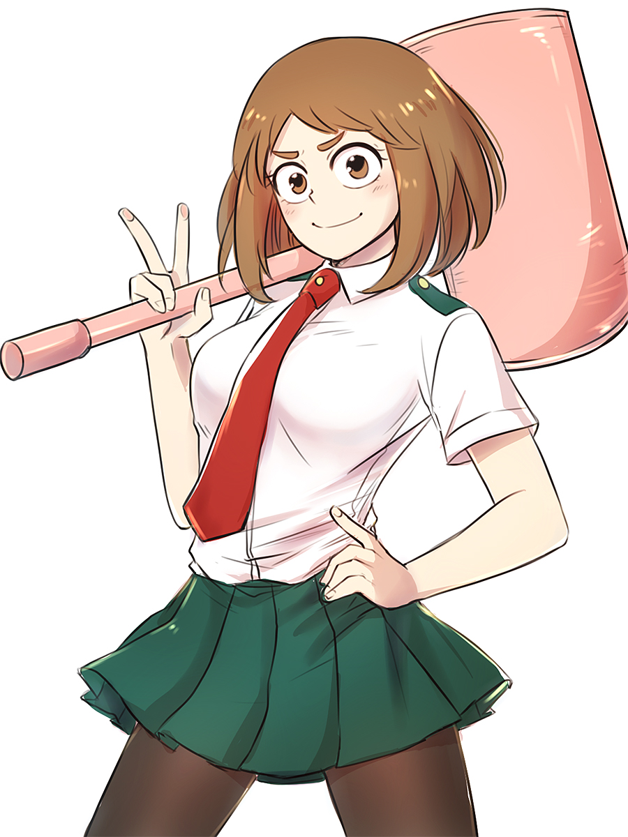 1girl, boku_no_hero_academia, breasts, brown_eyes, brown_hair, hammer, highres, leinbow, looking_at_viewer, medium_breasts, school_uniform, short_hair, skirt, smile, solo, uraraka_ochako, v