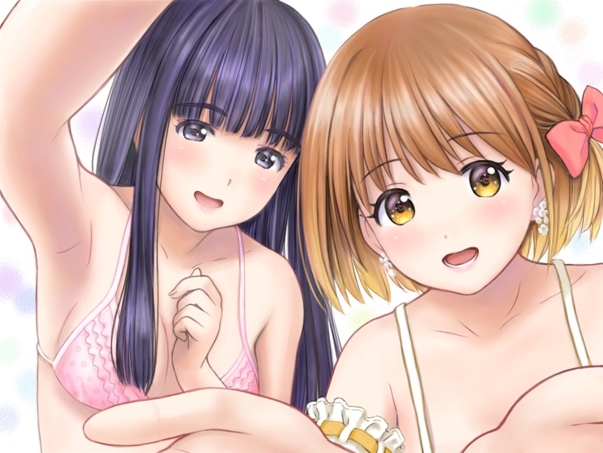 2girls, akatsuki_clara, armband, bikini, blunt_bangs, bow, bra, breasts