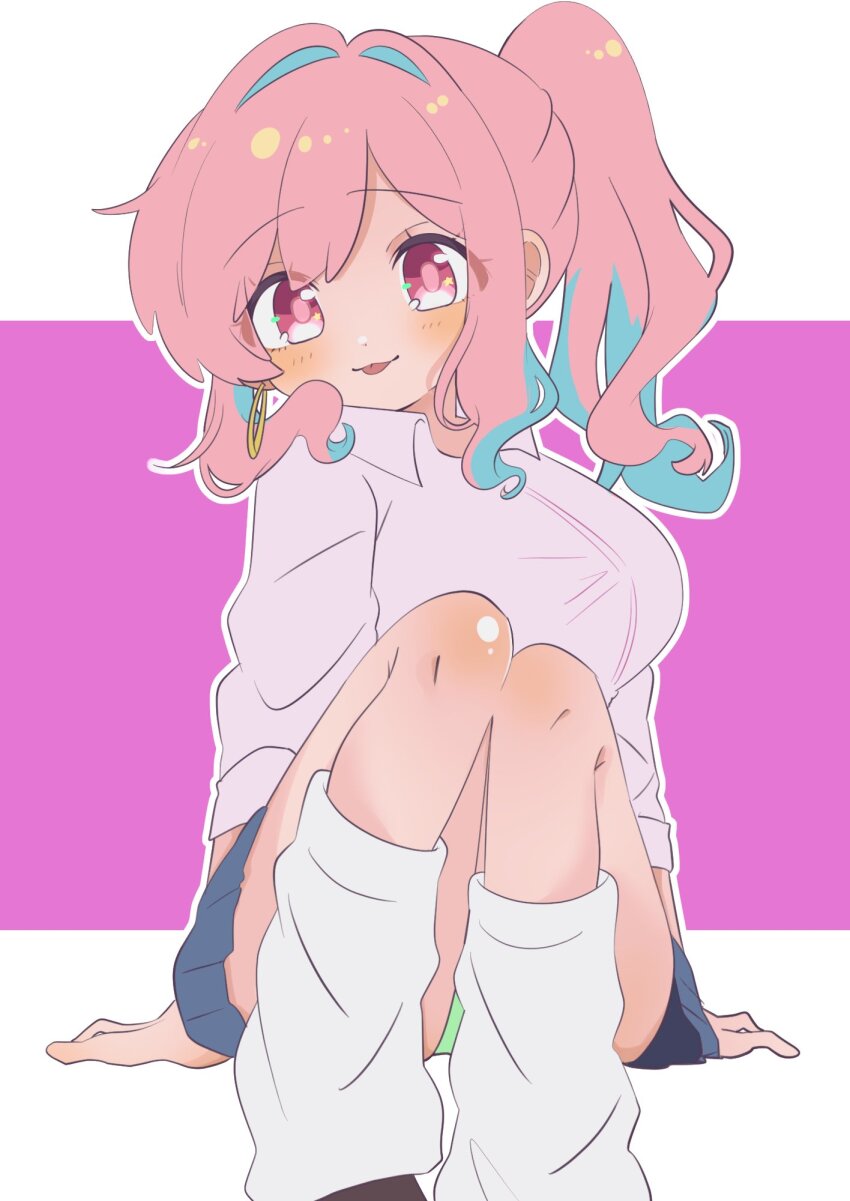 09hkr, 1girl, :3, :p, bare_legs, blue_hair, blue_skirt, breasts