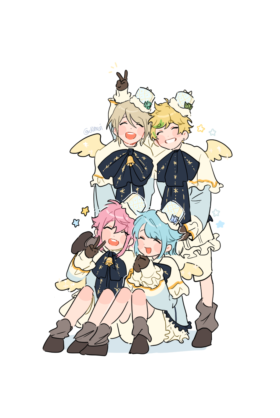 4boys, arm_around_another's_back, arm_up, artist_name, behind_another, black_gloves, closed_eyes, ensemble_stars!