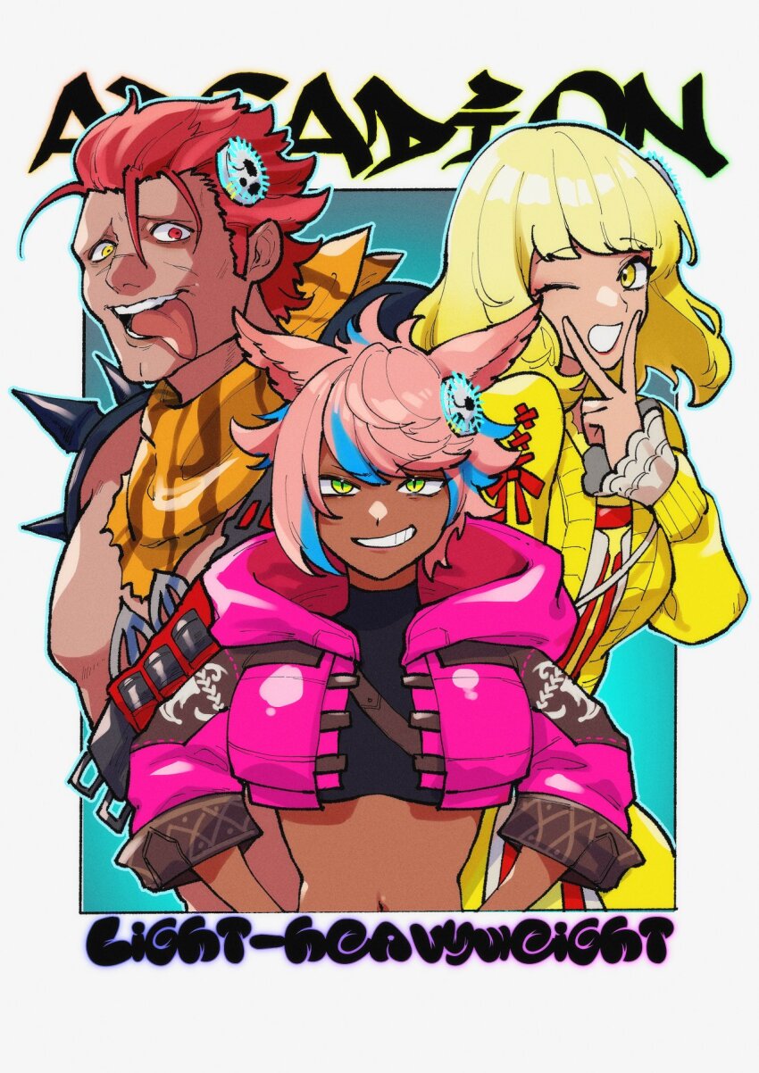 1boy, 2girls, animal_ears, blonde_hair, brute_bomber, cat_ears, cropped_jacket, dark-skinned_female