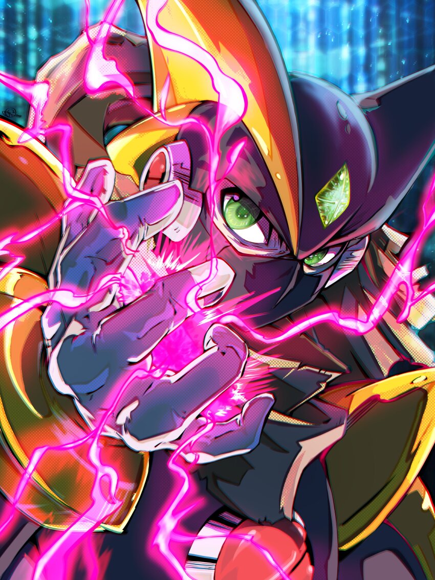 1boy, absurdres, armor, bass.exe_(mega_man), bass.exe_(mega_man)_(cosplay), black_armor, black_helmet, blue_eyes