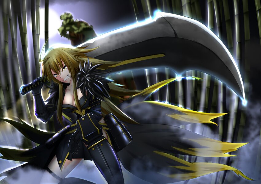 1girl, absurdres, ahoge, armor, backlighting, bamboo, bamboo_forest, blonde_hair