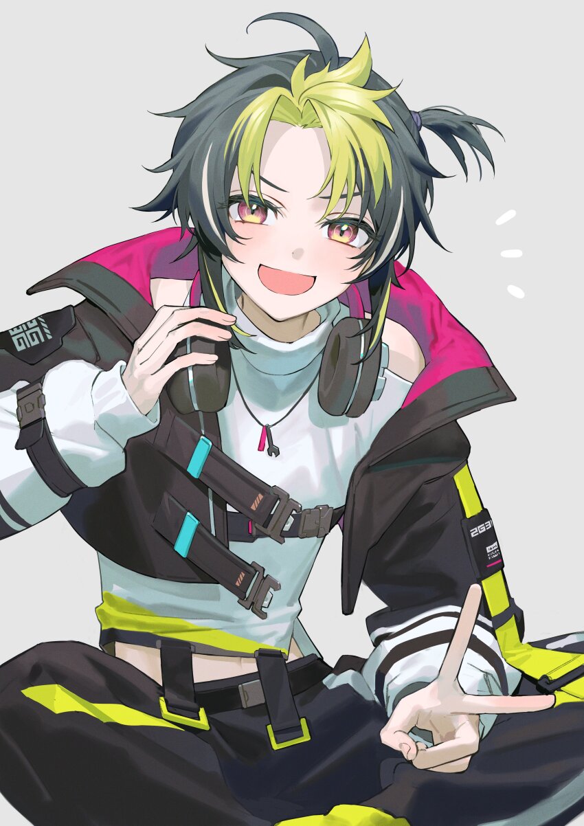 1boy, :d, absurdres, ahoge, belt, black_hair, black_jacket, black_pants, clothing_cutout, curtained_hair, feet_out_of_frame, green_hair, grey_background, hand_on_headphones, hand_up, headphones, headphones_around_neck, highres, inami_rai, inami_rai_(2nd_costume), indian_style, jacket, jewelry, long_sleeves, looking_at_viewer, male_focus, midriff_peek, multicolored_hair, navel, necklace, nijisanji, one_side_up, open_mouth, pants, parted_bangs, short_hair, shoulder_cutout, sidelocks, simple_background, sitting, smile, solo, sweater, torino_kawazu, turtleneck, two-sided_fabric, two-tone_hair, v, v-shaped_eyebrows, virtual_youtuber, white_sweater