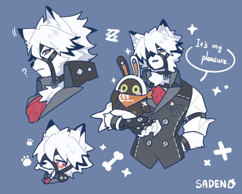 1boy, animal_ear_fluff, arm_behind_back, bangboo_(zenless_zone_zero), black_gloves, black_vest, blue_background, body_fur