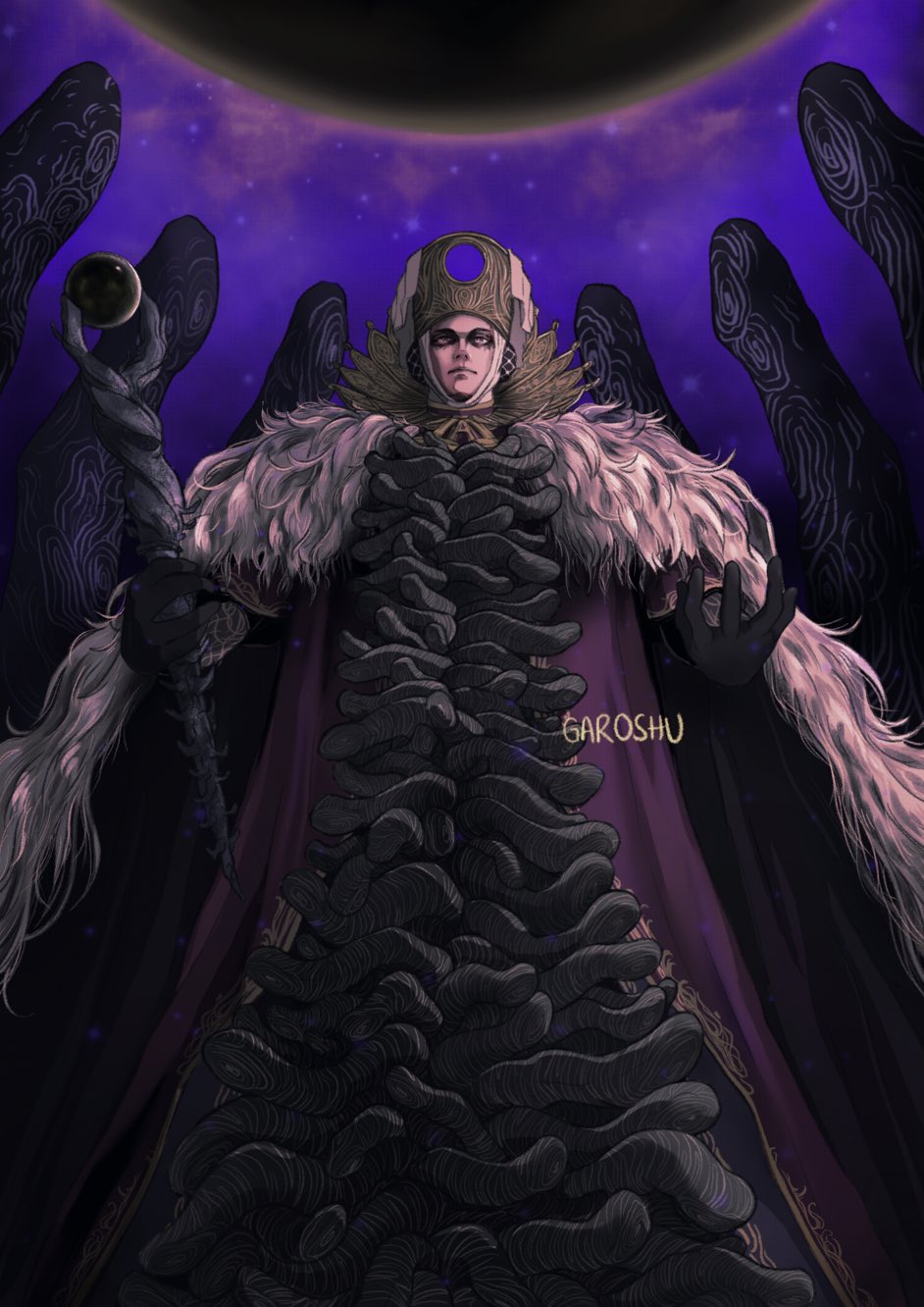 1boy, artist_name, cloak, collar, commentary, count_ymir, elden_ring, elden_ring:_shadow_of_the_erdtree