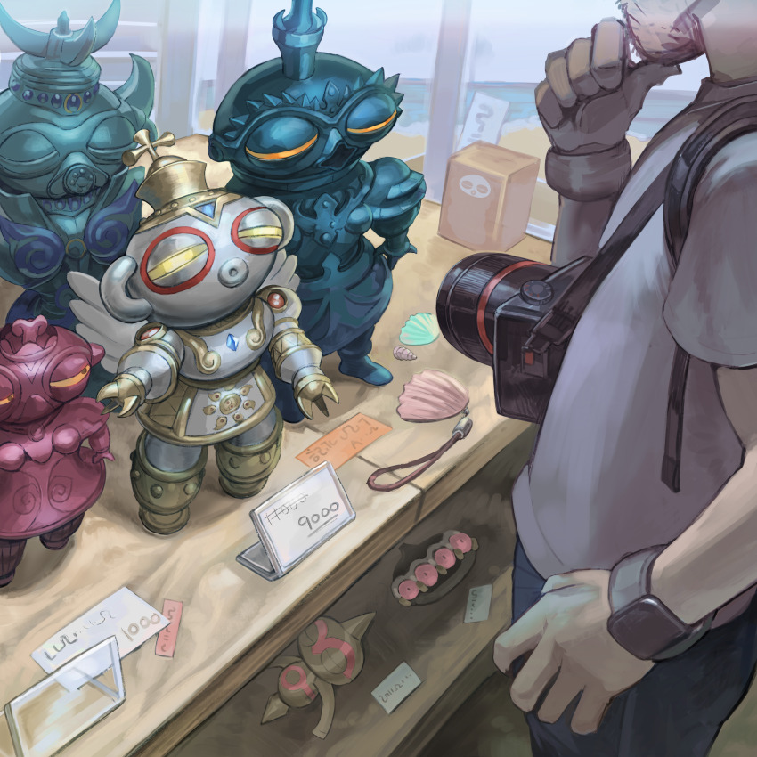 1boy, 4others, absurdres, arahabaki_(megami_tensei), baltoy, camera, claydol, cross