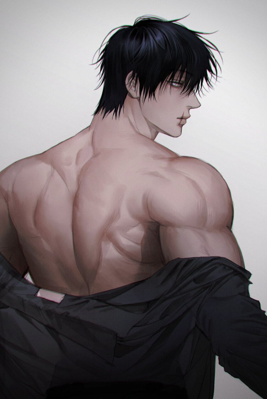 1boy, back, bare_shoulders, black_hair, black_shirt, dang0_23, expressionless, from_behind, fushiguro_toji, grey_eyes, highres, jujutsu_kaisen, looking_at_viewer, male_focus, muscular, muscular_male, scar_on_lip, shirt, simple_background, solo, undressing, unworn_shirt, upper_body