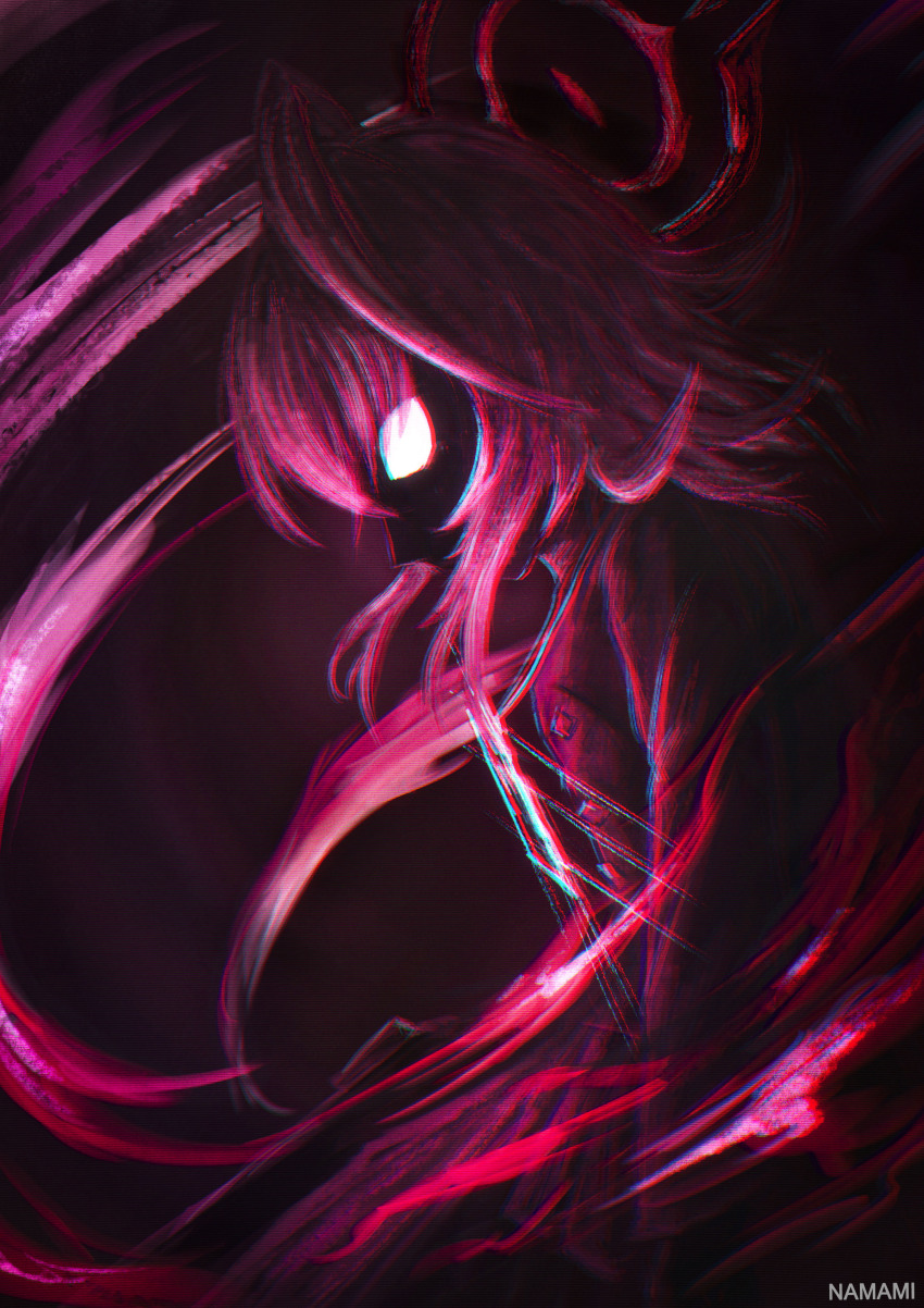 1girl, absurdres, black_background, blue_archive, halo, highres, hoshino_(blue_archive), hoshino_terror_(blue_archive), multicolored_background, namami_(namami0115), pink_background, spoilers, white_eyes