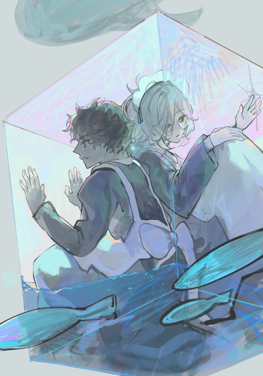 2boys, afloat, alternate_costume, apron, back-to-back, bags_under_eyes, black_dress, black_eyes