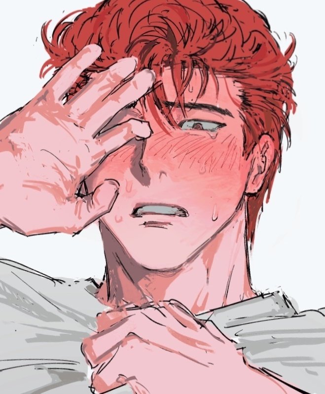 1boy, 79_(ww034518291), blush, ear_blush, embarrassed, hand_over_face, hand_up, looking_down