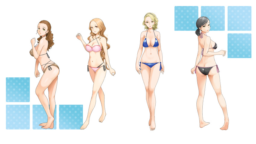 4girls, absurdres, ass, barefoot, bikini, black_bikini, black_hair, blonde_hair, blue_bikini, breasts, brown_bikini, brown_hair, butt_crack, cleavage, ebihara_ai, feet, forehead, full_body, highres, large_breasts, long_hair, looking_at_viewer, low_ponytail, margaret_(persona), mature_female, medium_hair, minami_eri, multiple_girls, navel, persona, persona_4, pink_bikini, ponytail, popo-chan, side-tie_bikini_bottom, standing, swimsuit, toes, uehara_sayoko
