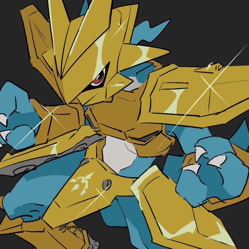 arm_guards, armor, bakamaokun, black_background, blue_horns, blue_skin, bracer, breastplate