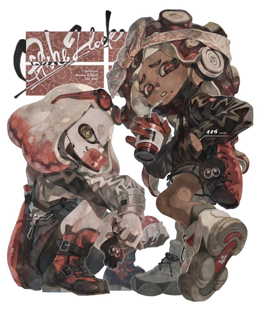 2girls, alternate_costume, artist_name, bandana, black_eyes, black_footwear, black_jacket, black_mask