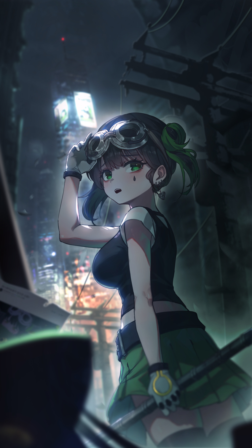 1girl, absurdres, black_hair, black_shirt, black_thighhighs, blurry, blurry_background, breasts, death_hammer_chouloky, facial_mark, gloves, goggles, goggles_on_head, green_eyes, green_hair, hair_bun, hair_ornament, highres, holding, large_breasts, long_hair, looking_at_viewer, looking_back, multicolored_hair, open_mouth, shirt, solo, sushispin, teardrop_facial_mark, thighhighs, twintails, two-tone_hair, virtual_youtuber, waktaverse, white_gloves