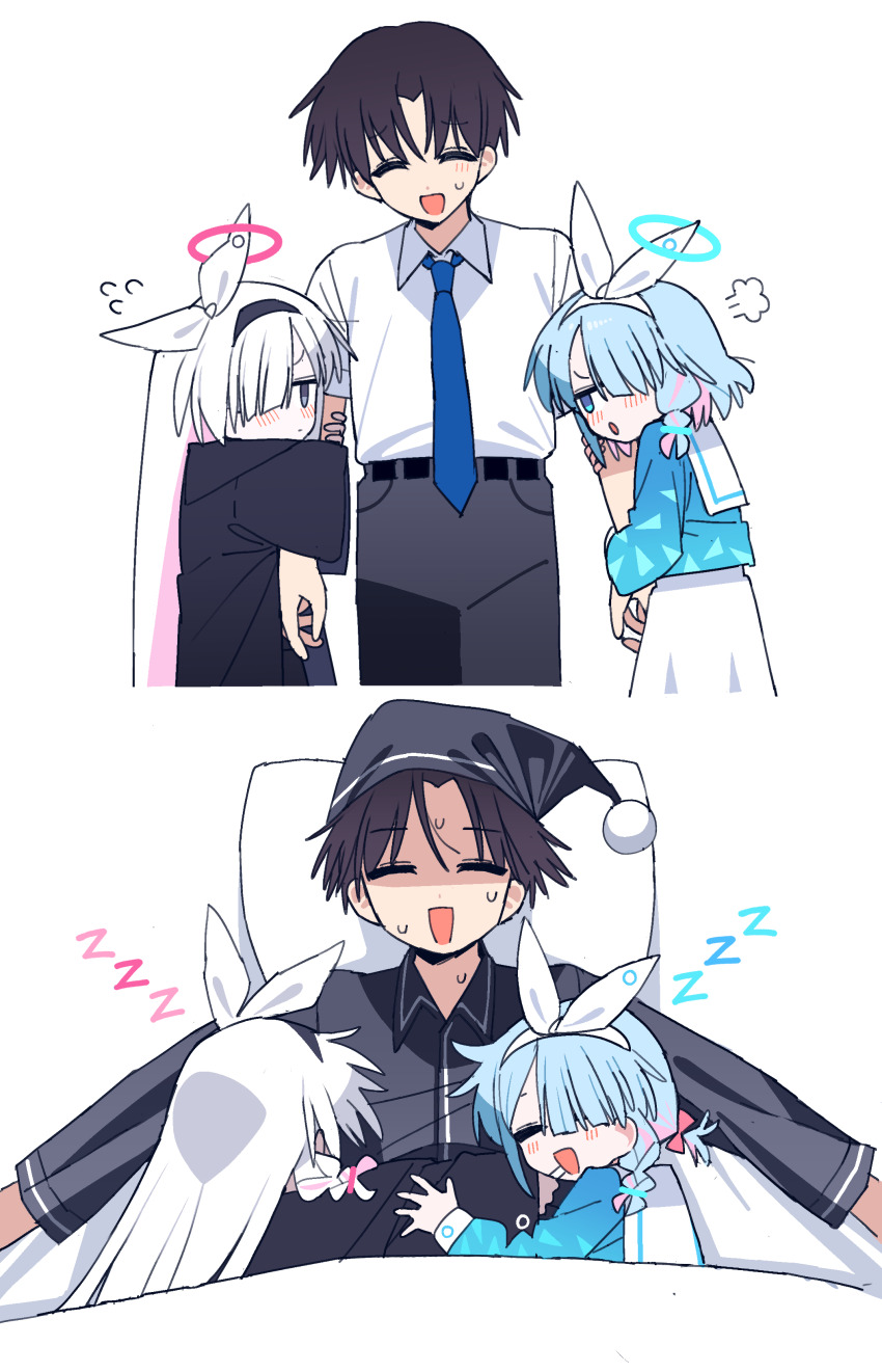 1boy, 2girls, =_=, ^_^, absurdres, arona_(blue_archive), black_coat, black_hair, black_pajamas, blue_archive, blue_hair, blush, closed_eyes, coat, commentary_request, double_arm_hug, drooling, eye_contact, flying_sweatdrops, girl_sandwich, grey_hair, hair_over_one_eye, halo, hetero, highres, hug, human_tug_of_war, je_o_mo, jitome, long_hair, looking_at_another, multicolored_hair, multiple_girls, multiple_views, nervous_sweating, one_eye_covered, outstretched_arms, pajamas, pink_hair, plana_(blue_archive), puff_of_air, saliva, sandwiched, school_uniform, sensei_(blue_archive), serafuku, short_hair, simple_background, sleeping, straight_hair, sweat, two-tone_hair, under_covers, very_long_hair, white_background, zzz