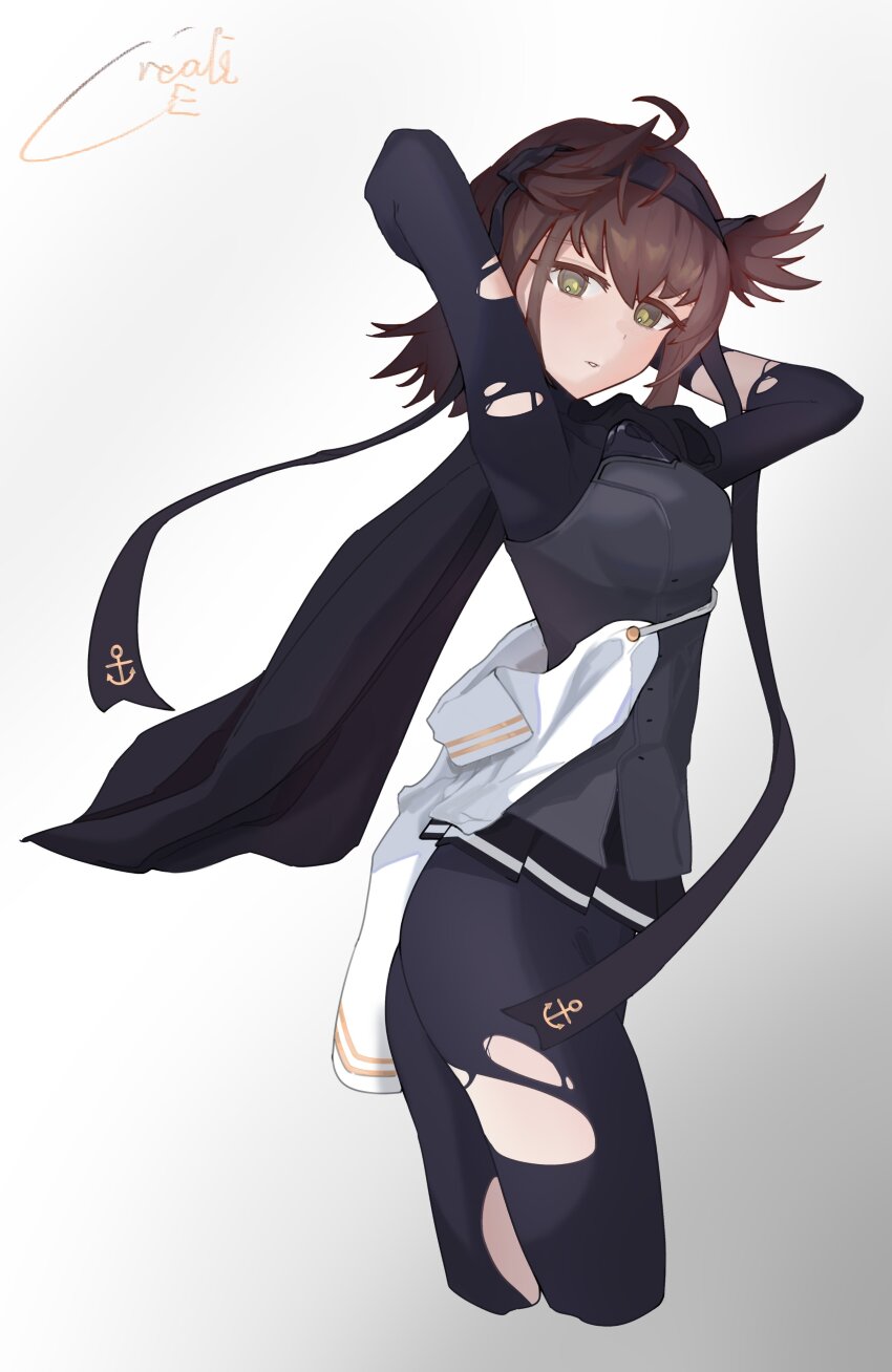 1girl, absurdres, ahoge, arms_behind_head, black_bodysuit, black_hair, black_headband, black_scarf