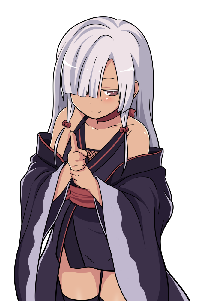 1girl, closed_mouth, collarbone, commentary_request, dark-skinned_female, dark_skin, dress, eyes_visible_through_hair